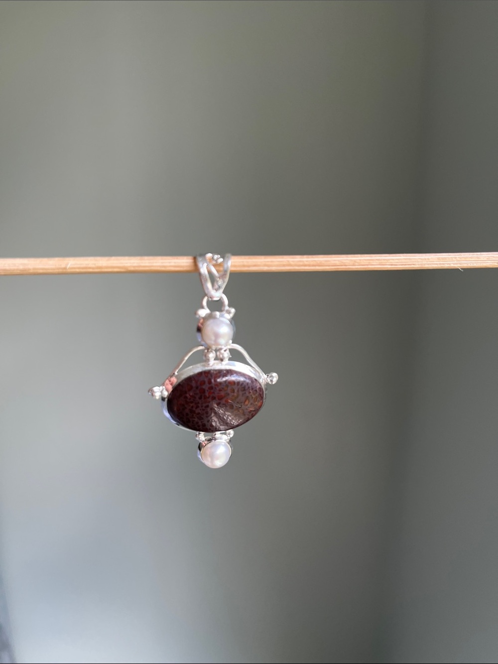 Sterling Silver Brown Jasper Pendant with Pearls